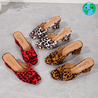 Leopard Square Toe Sandals Summer High-heeled Slippers Chunky Heel Shoes For Women Michan Direct