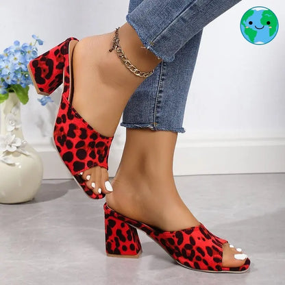 Leopard Square Toe Sandals Summer High-heeled Slippers Chunky Heel Shoes For Women Michan Direct