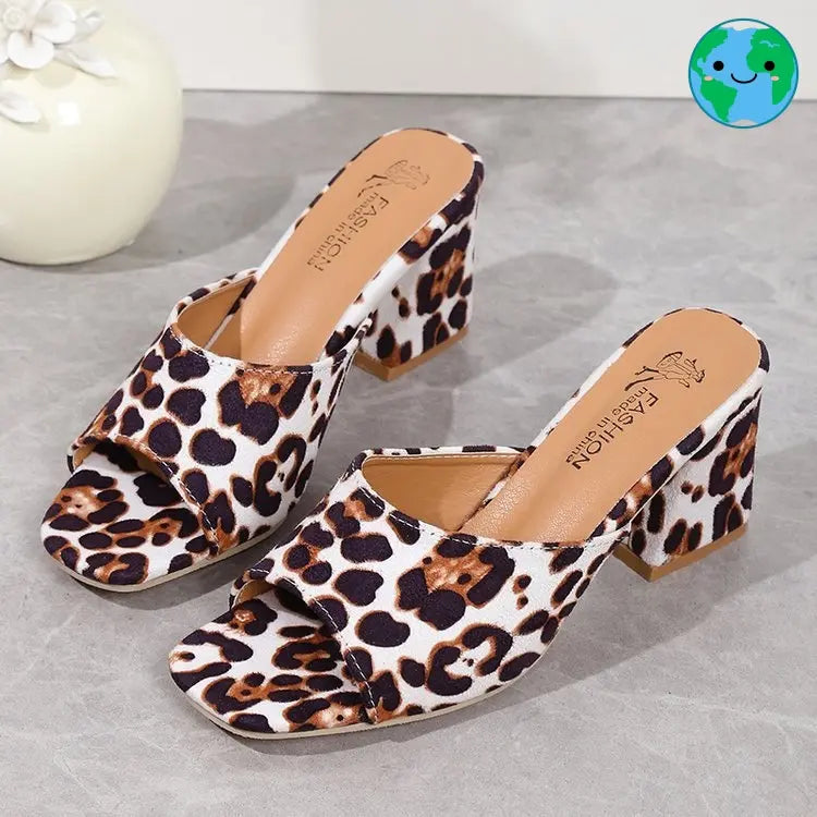 Leopard Square Toe Sandals Summer High-heeled Slippers Chunky Heel Shoes For Women Michan Direct