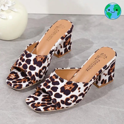 Leopard Square Toe Sandals Summer High-heeled Slippers Chunky Heel Shoes For Women Michan Direct