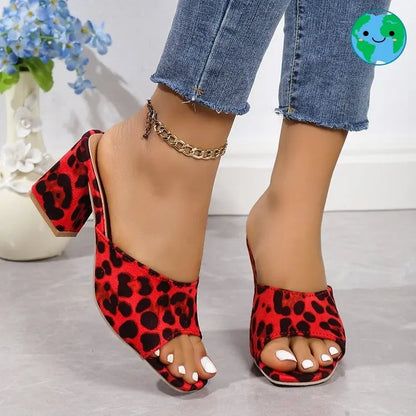 Leopard Square Toe Sandals Summer High-heeled Slippers Chunky Heel Shoes For Women Michan Direct