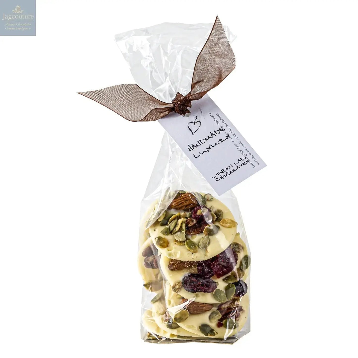 Linden Lady gift bags of white chocolate mendiants Jag Couture Chocolates