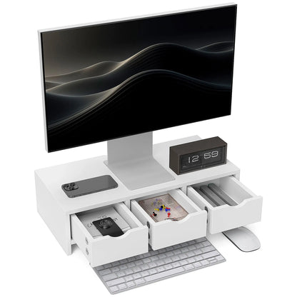 HOMCOM Monitor Stand Riser with 3 Drawers, Monitor Riser for Laptop, Computer, PC, Small Printer, 51 x 24 x 13cm, White Wise Galleria