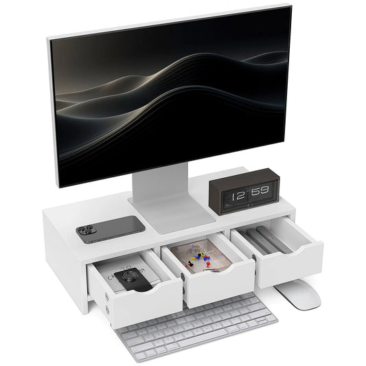 HOMCOM Monitor Stand Riser with 3 Drawers, Monitor Riser for Laptop, Computer, PC, Small Printer, 51 x 24 x 13cm, White Wise Galleria