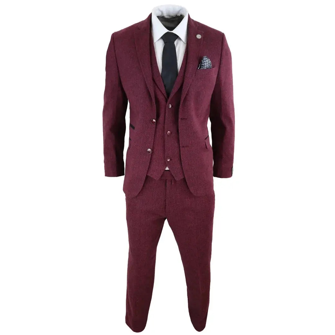 STZ11 - Men's Wool 3 Piece Suit Tweed Burgundy Black Classic TruClothing