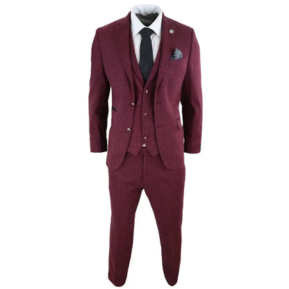 STZ11 - Men's Wool 3 Piece Suit Tweed Burgundy Black Classic TruClothing