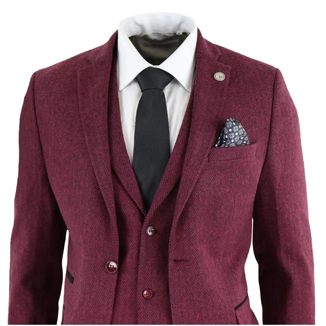 STZ11 - Men's Wool 3 Piece Suit Tweed Burgundy Black Classic TruClothing