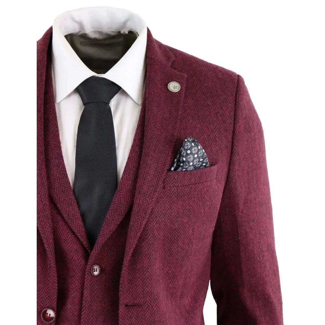 STZ11 - Men's Wool 3 Piece Suit Tweed Burgundy Black Classic TruClothing