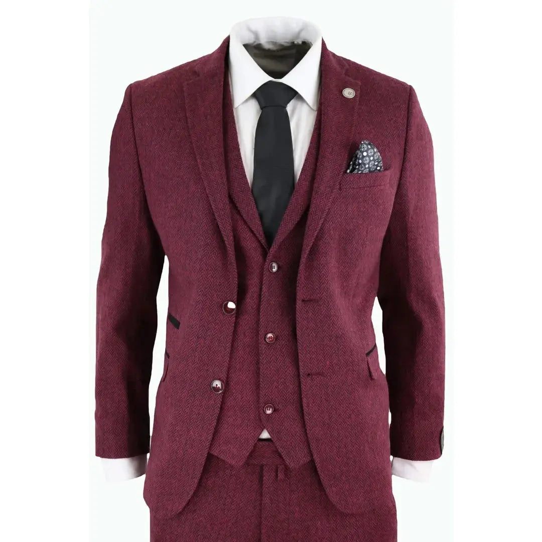 STZ11 - Men's Wool 3 Piece Suit Tweed Burgundy Black Classic TruClothing