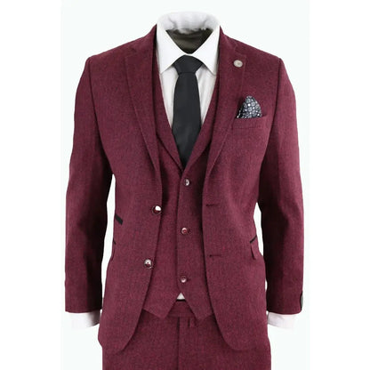 STZ11 - Men's Wool 3 Piece Suit Tweed Burgundy Black Classic TruClothing
