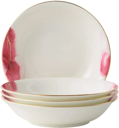 Pasta Bowl Deep Plates Set for 4 Watercolour with Gold Banding Premium Porcelain London Boutique Lifestyle