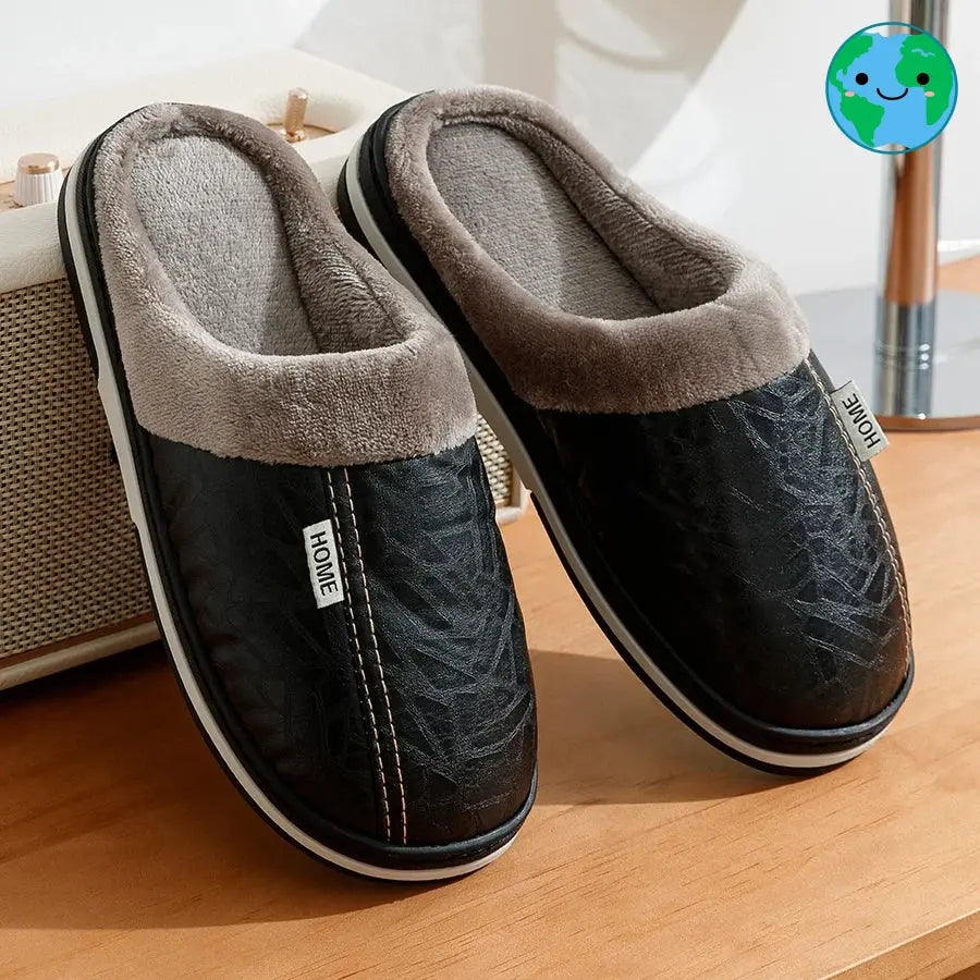 PU Leather Big Sizes Men slippers Indoor Waterproof Fur Flat Men's Winter Home Slipper Cotton Bedroom Houseshoes GeToday