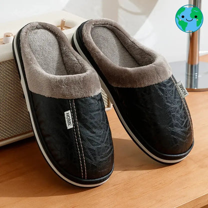 PU Leather Big Sizes Men slippers Indoor Waterproof Fur Flat Men's Winter Home Slipper Cotton Bedroom Houseshoes GeToday