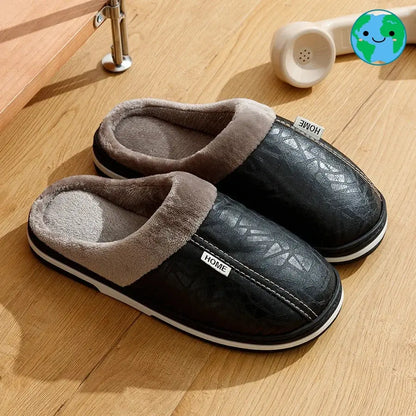PU Leather Big Sizes Men slippers Indoor Waterproof Fur Flat Men's Winter Home Slipper Cotton Bedroom Houseshoes GeToday