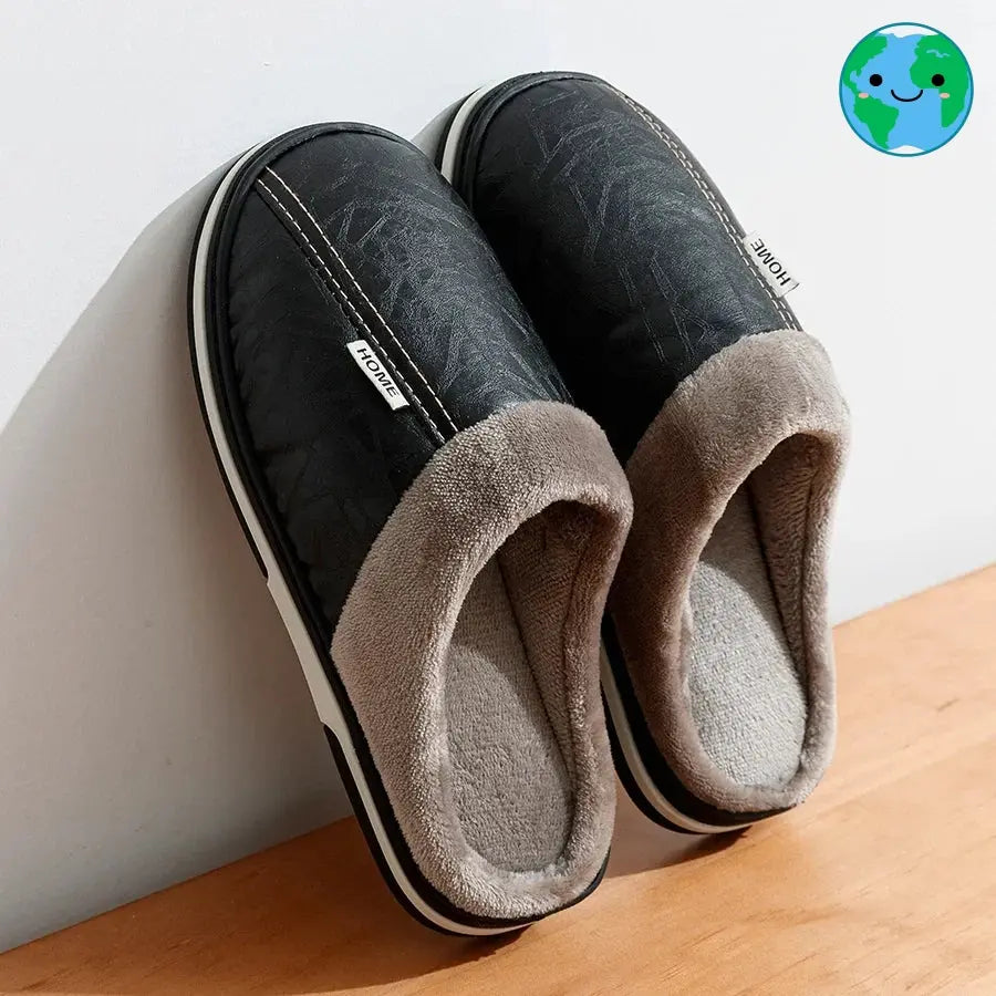 PU Leather Big Sizes Men slippers Indoor Waterproof Fur Flat Men's Winter Home Slipper Cotton Bedroom Houseshoes GeToday