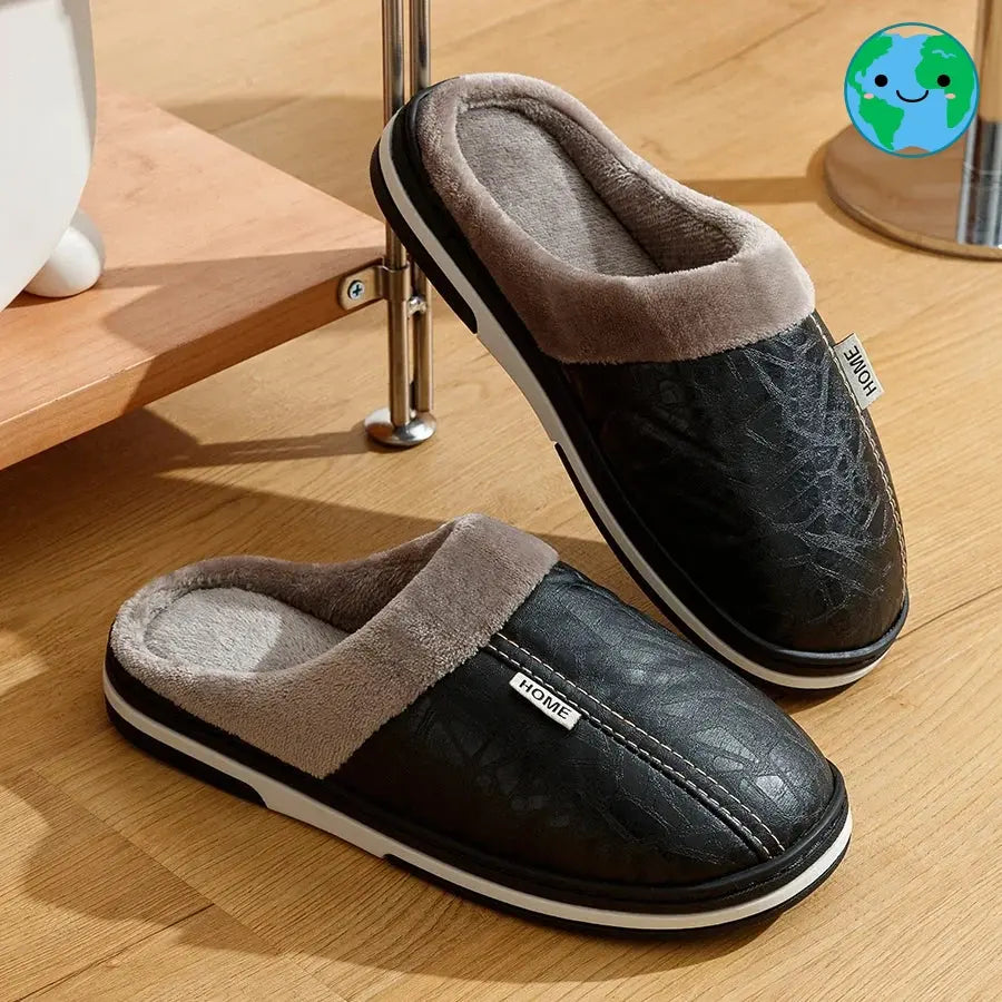 PU Leather Big Sizes Men slippers Indoor Waterproof Fur Flat Men's Winter Home Slipper Cotton Bedroom Houseshoes GeToday