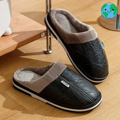 PU Leather Big Sizes Men slippers Indoor Waterproof Fur Flat Men's Winter Home Slipper Cotton Bedroom Houseshoes GeToday