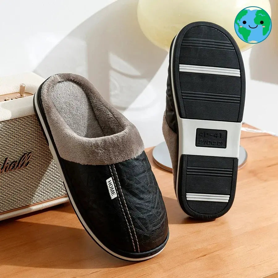 PU Leather Big Sizes Men slippers Indoor Waterproof Fur Flat Men's Winter Home Slipper Cotton Bedroom Houseshoes GeToday