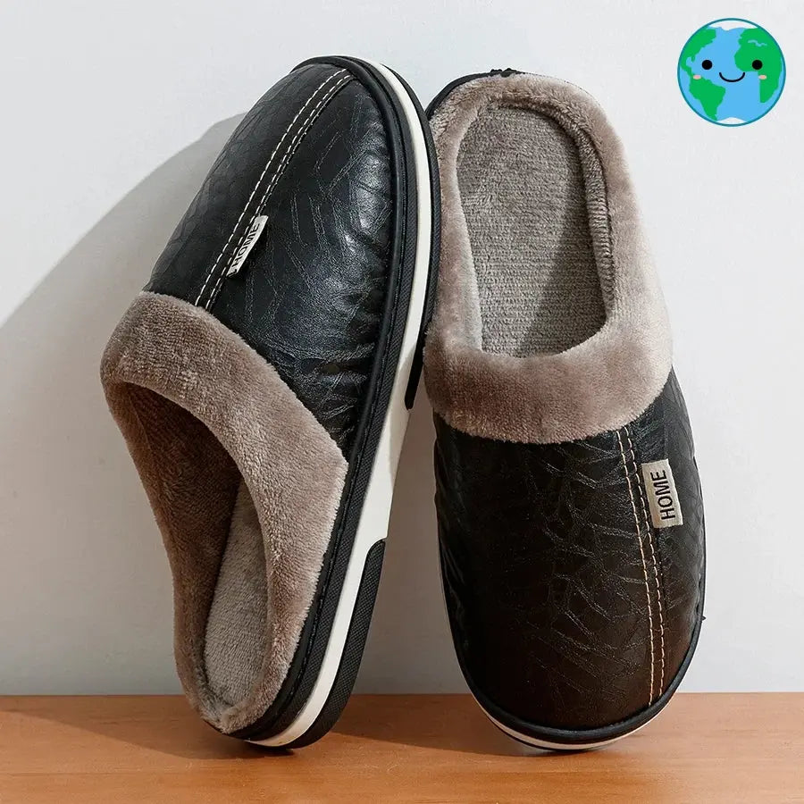 PU Leather Big Sizes Men slippers Indoor Waterproof Fur Flat Men's Winter Home Slipper Cotton Bedroom Houseshoes GeToday