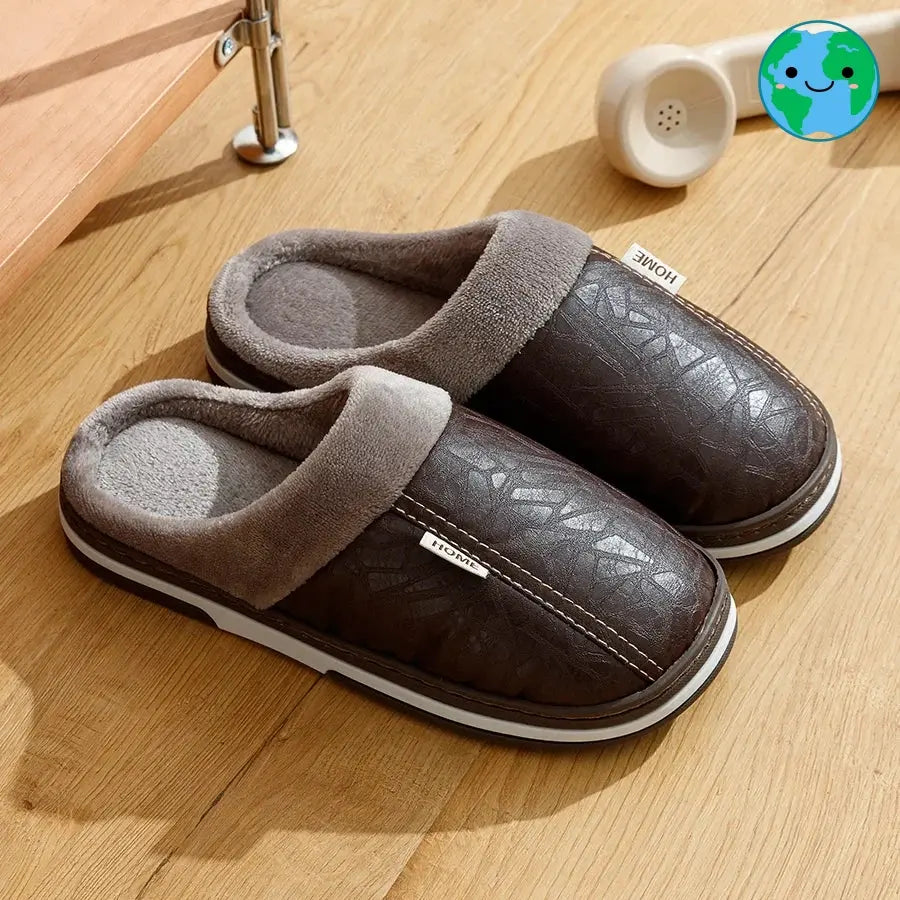 PU Leather Big Sizes Men slippers Indoor Waterproof Fur Flat Men's Winter Home Slipper Cotton Bedroom Houseshoes GeToday