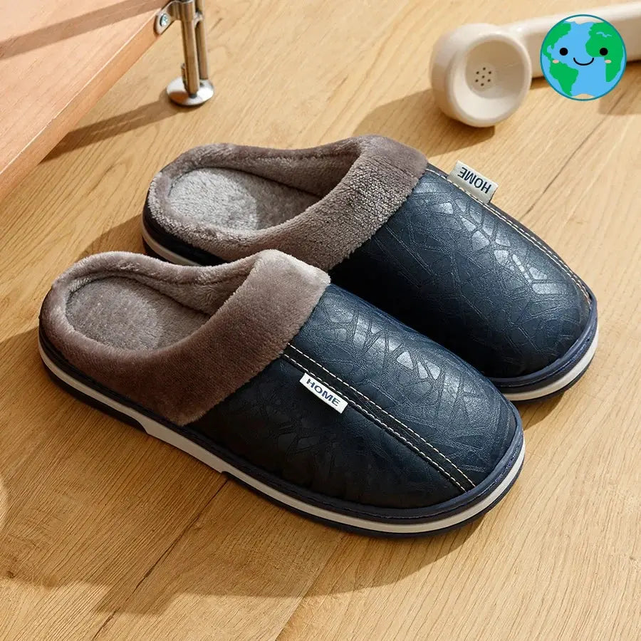 PU Leather Big Sizes Men slippers Indoor Waterproof Fur Flat Men's Winter Home Slipper Cotton Bedroom Houseshoes GeToday