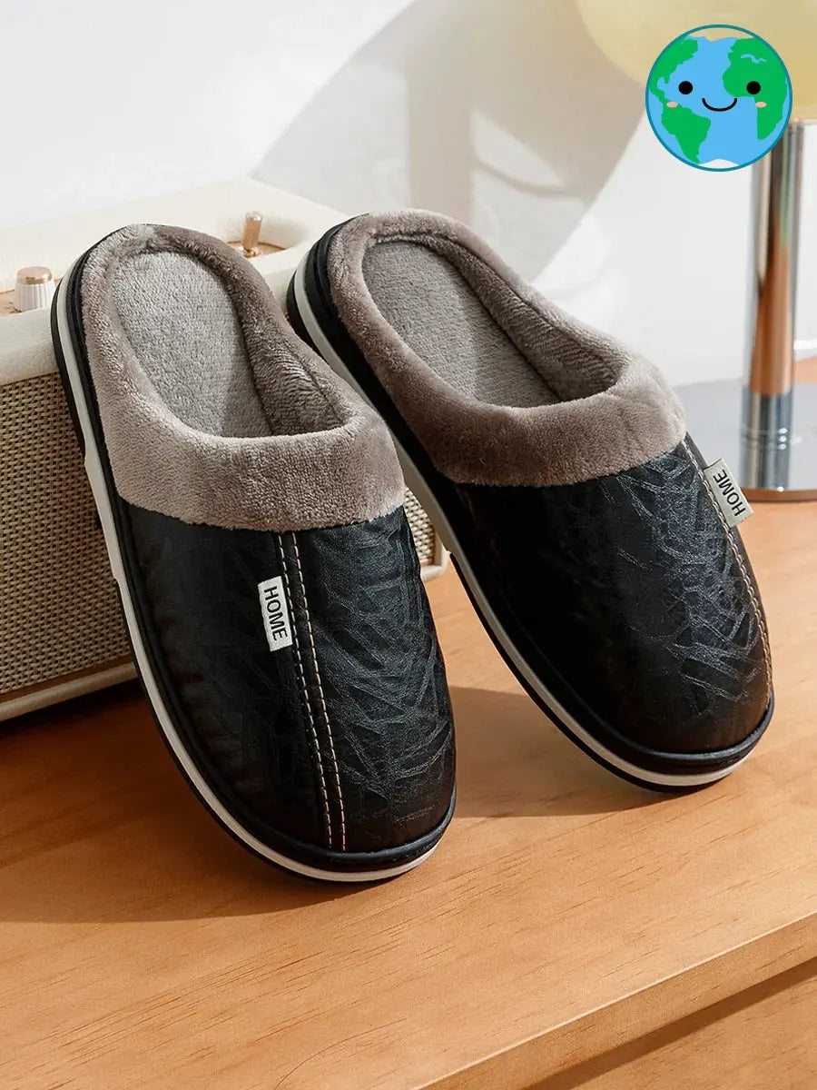 PU Leather Big Sizes Men slippers Indoor Waterproof Fur Flat Men's Winter Home Slipper Cotton Bedroom Houseshoes GeToday