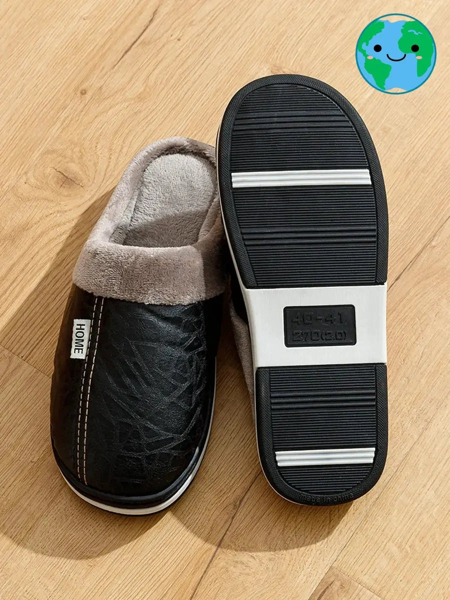 PU Leather Big Sizes Men slippers Indoor Waterproof Fur Flat Men's Winter Home Slipper Cotton Bedroom Houseshoes GeToday