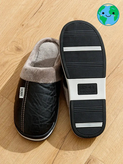 PU Leather Big Sizes Men slippers Indoor Waterproof Fur Flat Men's Winter Home Slipper Cotton Bedroom Houseshoes GeToday