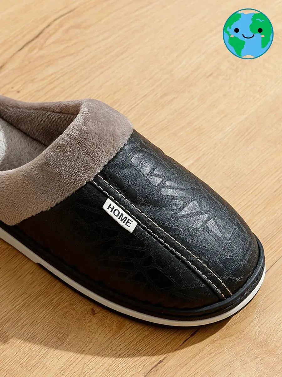PU Leather Big Sizes Men slippers Indoor Waterproof Fur Flat Men's Winter Home Slipper Cotton Bedroom Houseshoes GeToday