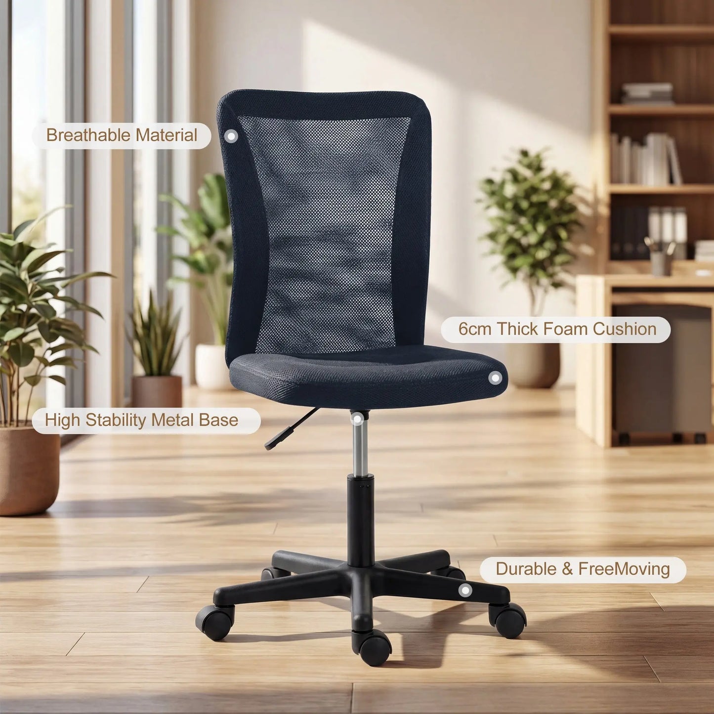Vinsetto Computer Desk Chair, Mesh Office Chair with Adjustable Height and Swivel Wheels, Armless Study Chair, Dark Grey Wise Galleria