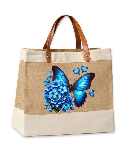 Blue Butterfly Adley jute with faux leather tote Red Robin Gifts