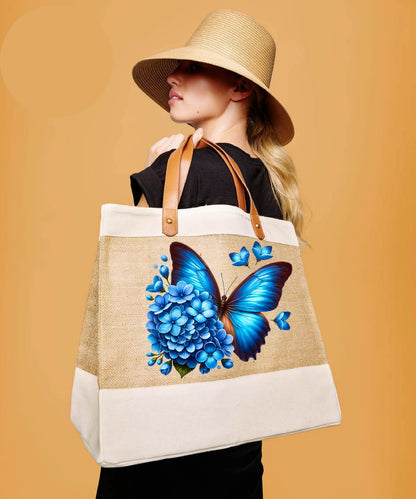 Blue Butterfly Adley jute with faux leather tote Red Robin Gifts
