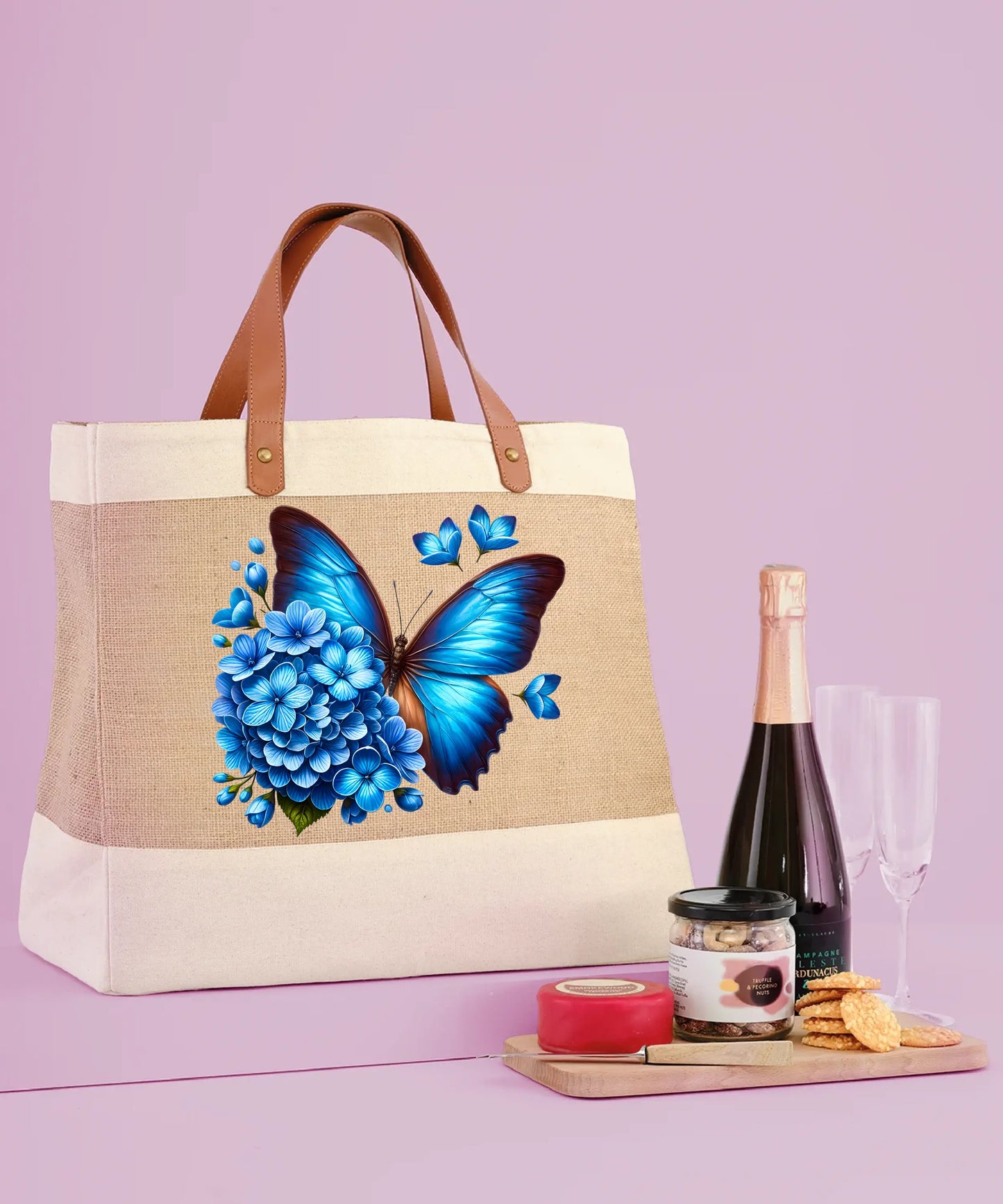 Blue Butterfly Adley jute with faux leather tote Red Robin Gifts