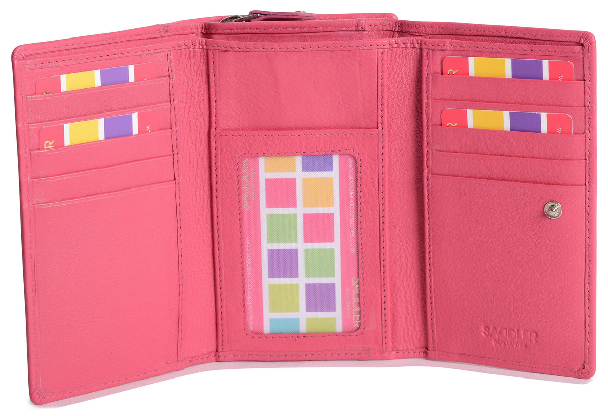 SADDLER PAULA Handmade Leather Trifold Purse – RFID Protected | 8 Card Slots, ID Window & Rear Zip Pocket | Gift Boxed