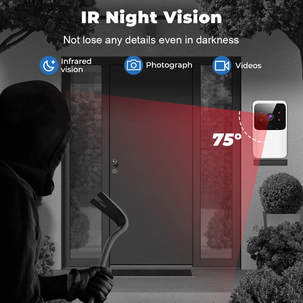 Wireless Smart Video Doorbell, 2.4G WiFi Home Security Camera, 2-way Audio, Night Vision, Battery, Secure Home Monitoring
