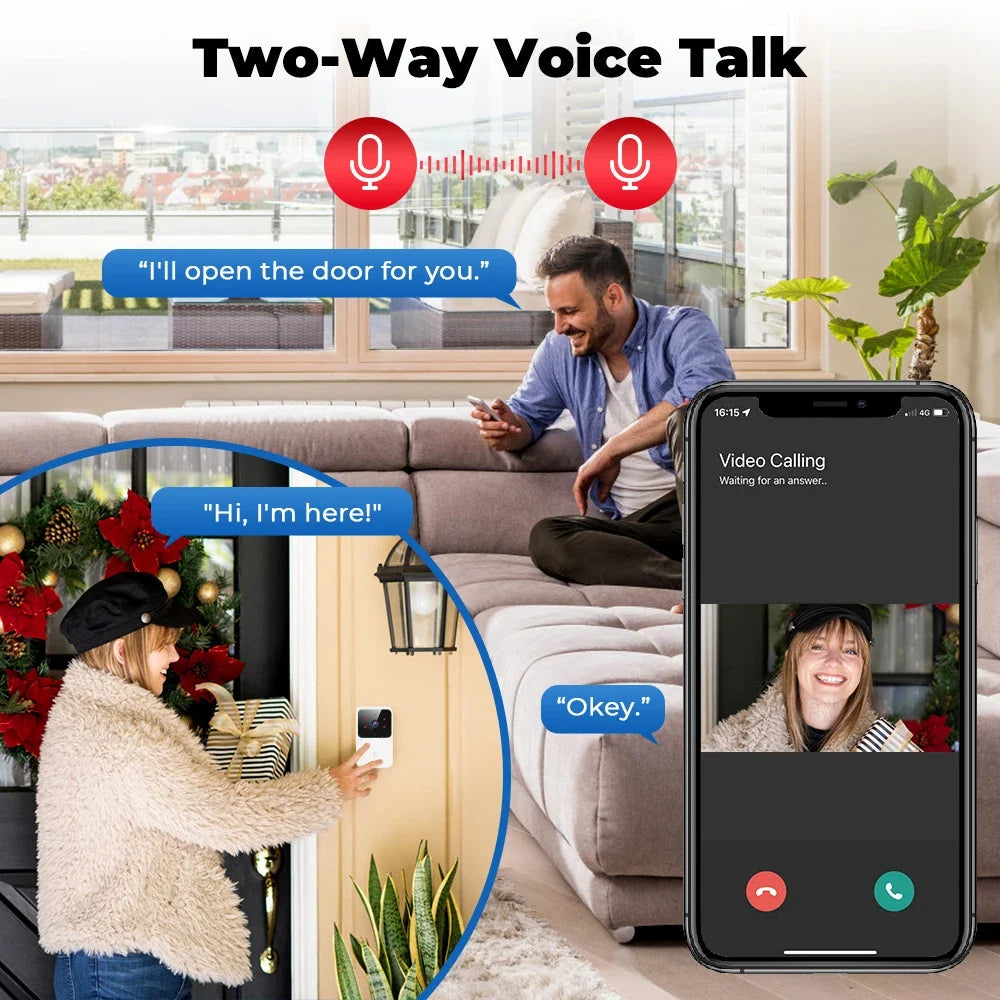 Wireless Smart Video Doorbell, 2.4G WiFi Home Security Camera, 2-way Audio, Night Vision, Battery, Secure Home Monitoring
