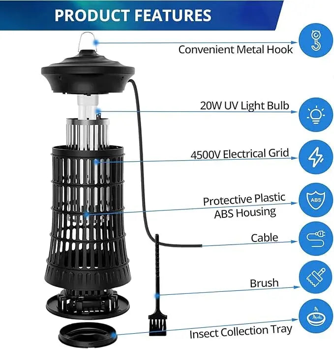 Senelux Mosquito Killer Lamp 4500V Fly Zapper 20W Insect Mosquito Trap with UV Light Bug Zapper 100m³ Coverage for Indoor Garden Outdoor Senelux