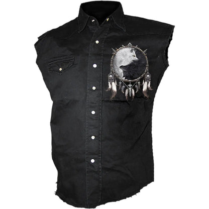 WOLF CHI - Sleeveless Stone Washed Worker Black Spiral Direct