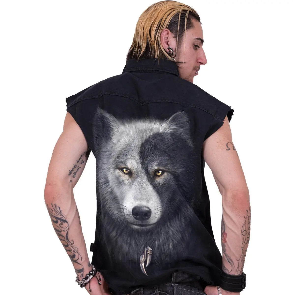 WOLF CHI - Sleeveless Stone Washed Worker Black Spiral Direct