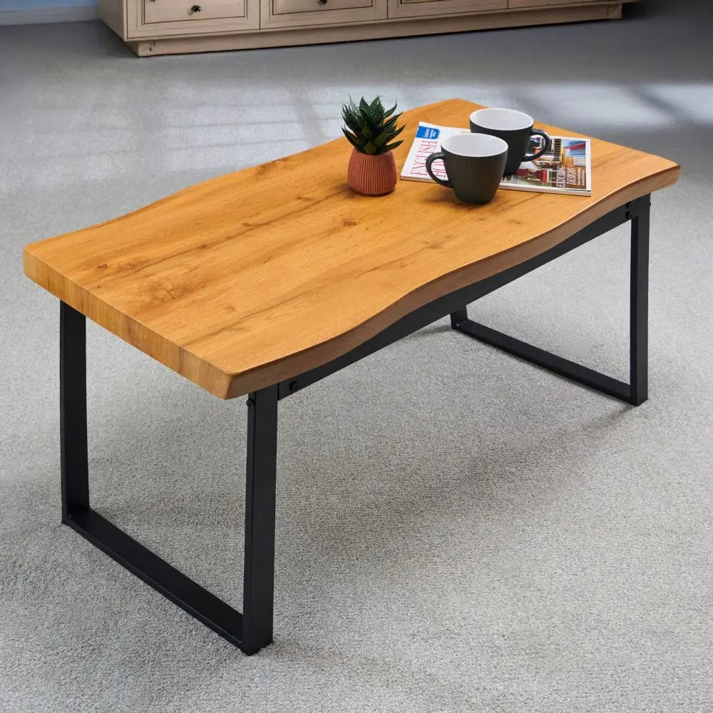 Greenhurst Live Edge Coffee Table – Oak Effect with Steel Frame, 100cm Doortogarden