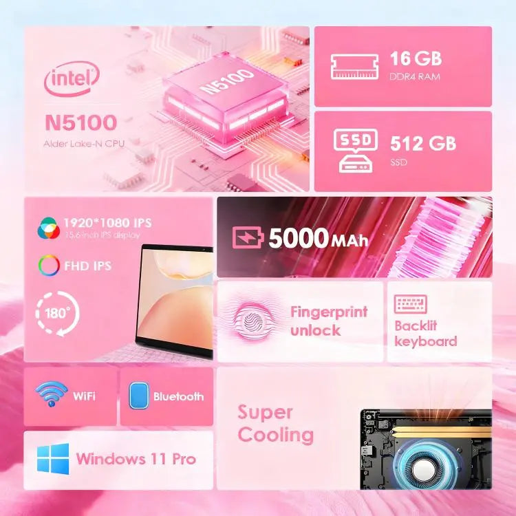 GXMO T152J 15.6 inch Laptop, 16GB+512GB, Windows 11 Pro Intel Celeron N5100 Quad Core, Support Fingerprint Unlock, UK Plug, 16GB+512GB, UK Plug Great Deal Offers