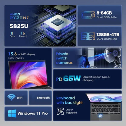 GXMO G156 15.6 inch Laptop, 16GB+512GB, Windows 11 AMD Ryzen 7 5825U Octa Core, Support Fingerprint Unlock, US Plug, 32GB+1TB Great Deal Offers