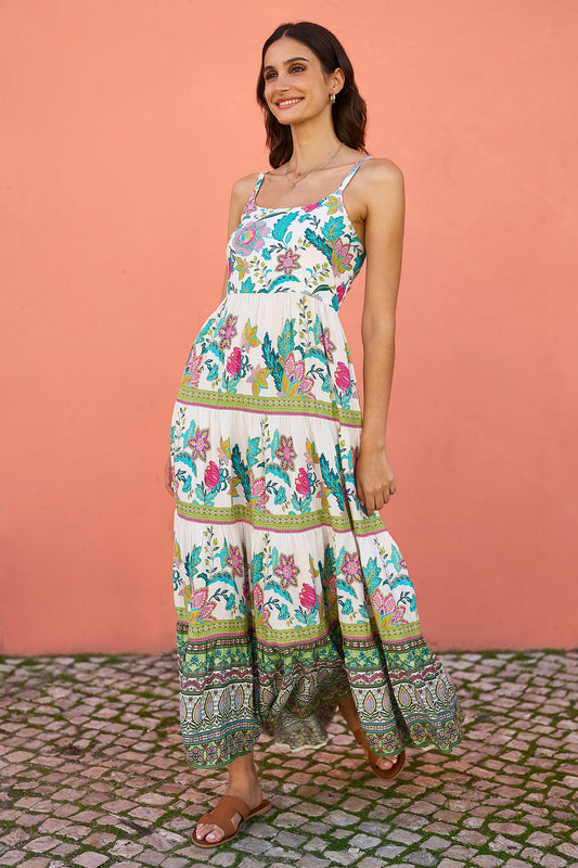 Yumi White Floral Block Print Tiered Maxi Sun Dress