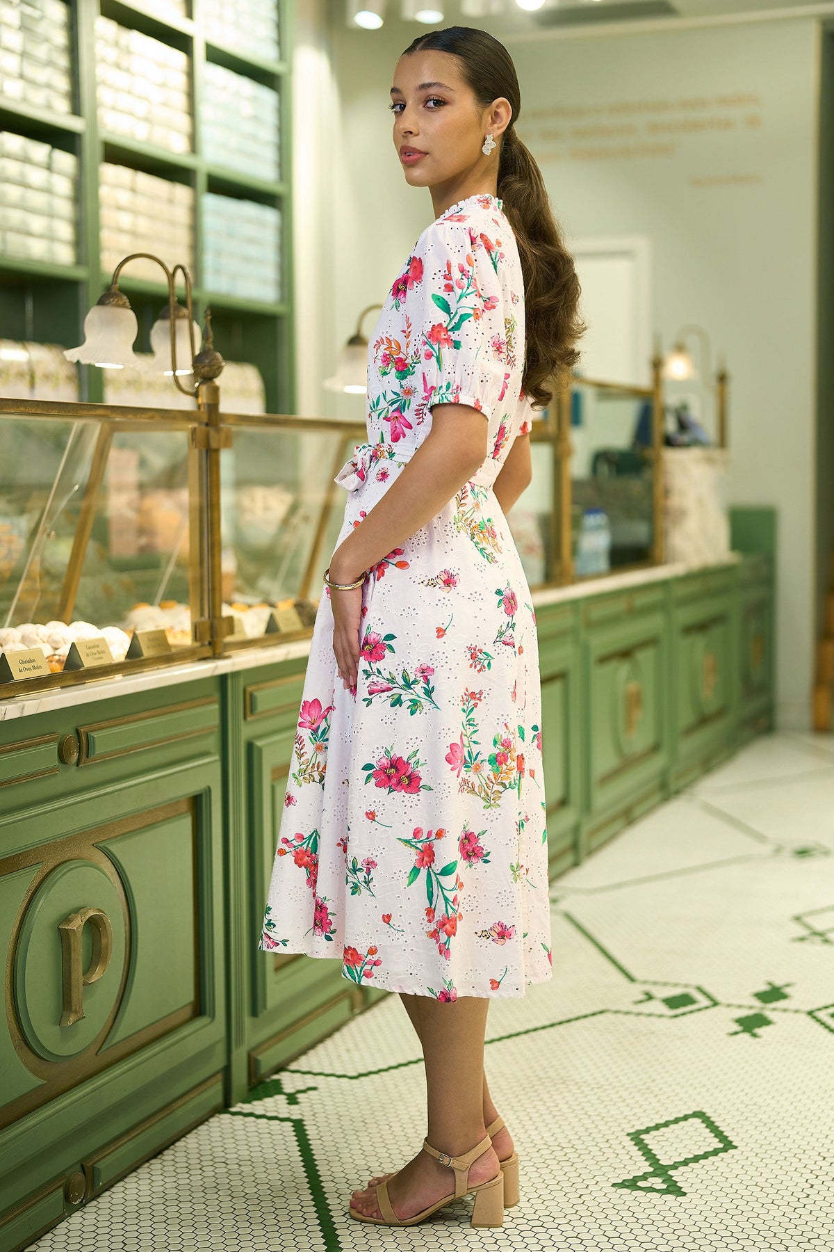 Yumi White Floral Print Cotton Broderie Anglaise Midi Shirt Dress
