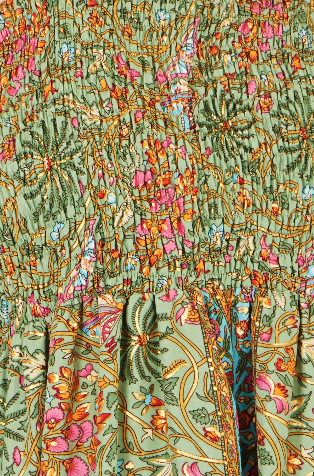 Yumi Green Foil Palm Print Ruched Maxi Dress With Border Detail