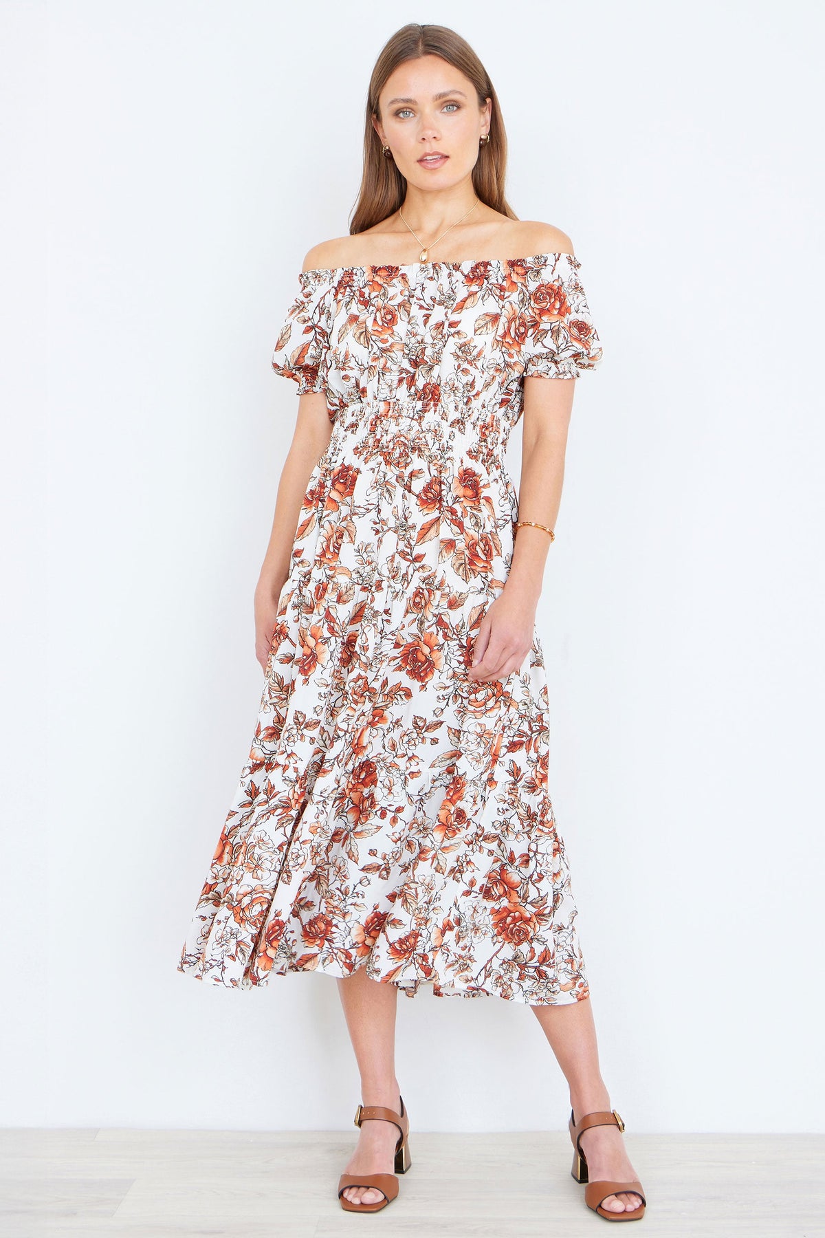 Yumi Orange Floral Ruched Waist Midi Dress