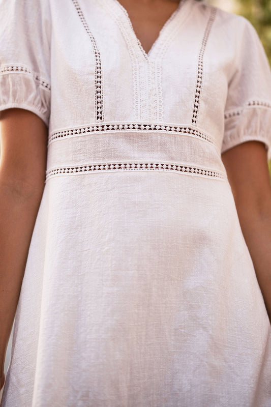 White Lace Trim V Neck Dress