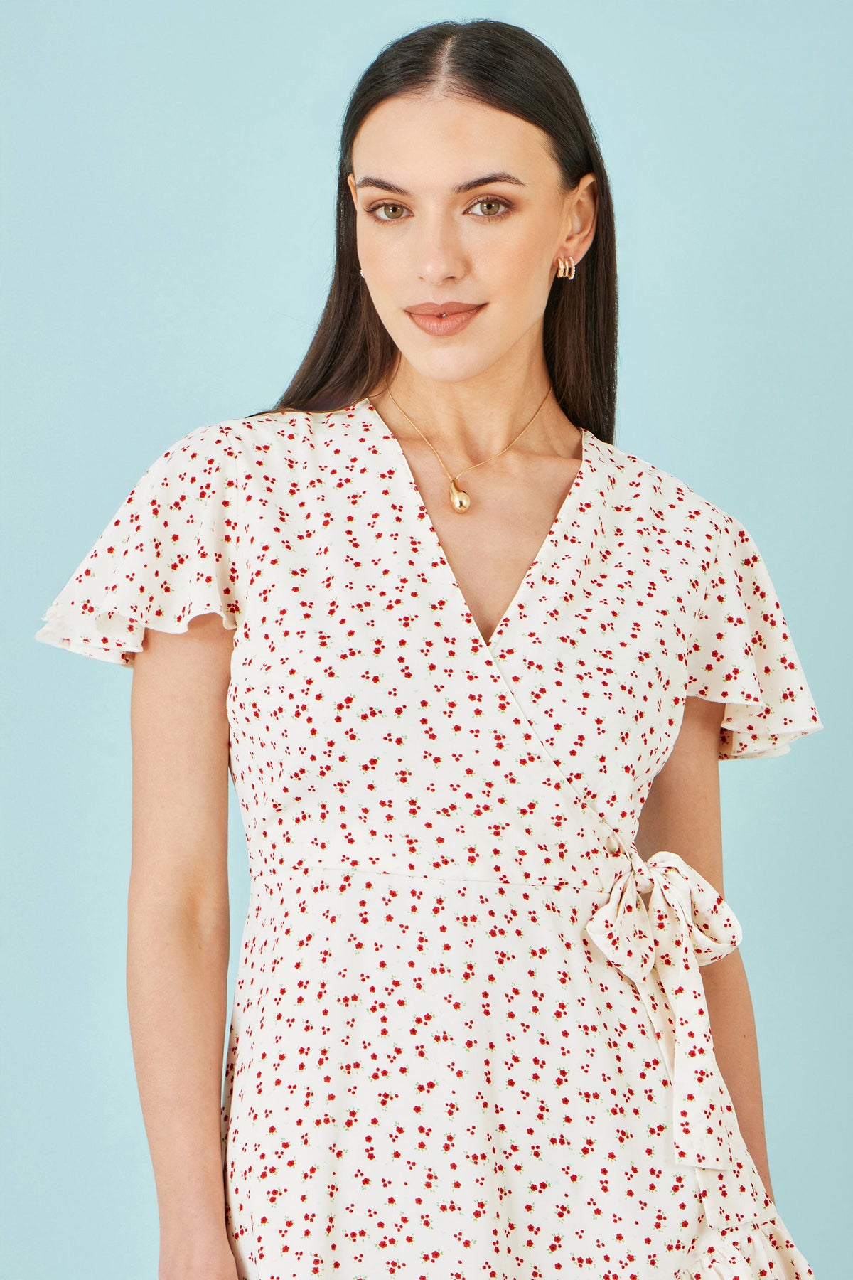 Yumi White Ditsy Print Frill Wrap Dress