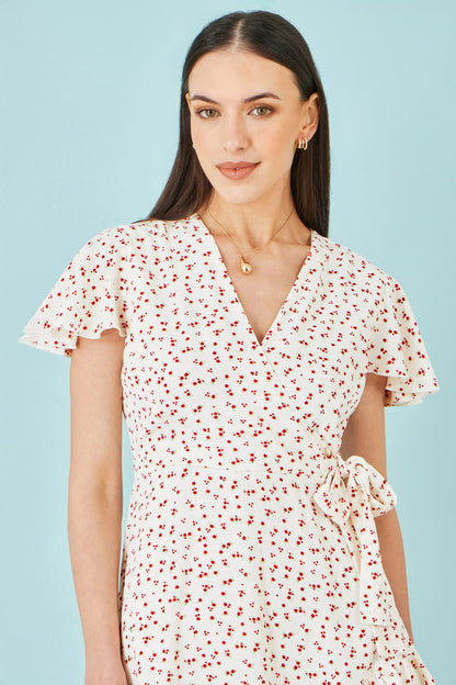 Yumi White Ditsy Print Frill Wrap Dress