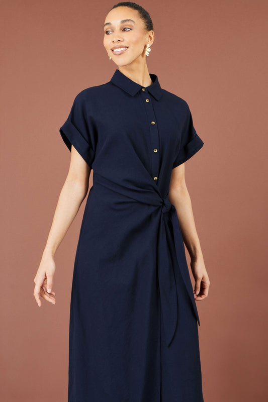 Yumi Navy Wrap Tie Midi Shirt Dress
